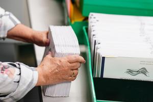 Mail ballots are sorted and counted in Allentown, Lehigh County, Pennsylvania on Election Day November 2022.