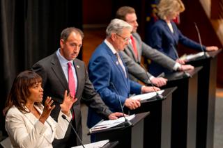 Republican candidates for U.S. Senate, from left: Kathy Barnette, Jeff Bartos, George Bochetto, Sean Gale, and Carla Sands at Dickinson College.