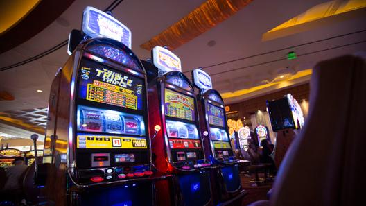 A row of slot machines on the gaming floor of Parx Casino in Bensalem Township, Bucks County, Pennsylvania.